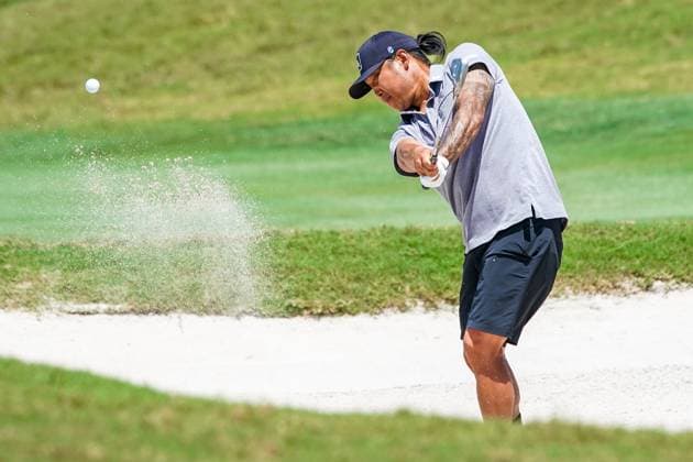 April 6, 2024, Doral, Florida, USA: Anthony Kim hits out of a greenside bunker on the 16th green during the second round of LIV Golf Miami at Trump National Doral. Doral USA - ZUMAw109 20240406_fap_w109_013 Copyright: xDebbyxWongx