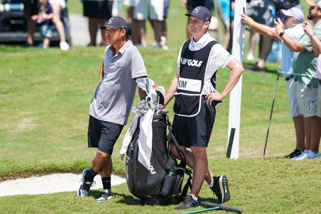 April 6, 2024, Doral, Florida, USA: Anthony Kim (L) and his caddie Ryan Todey wait on the 16th green during the second round of LIV Golf Miami at Trump National Doral. Doral USA - ZUMAw109 20240406_fap_w109_014 Copyright: xDebbyxWongx