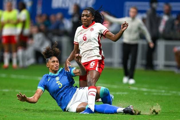 ATLANTA, GA Ã APRIL 05: Canada forward Deanne Rose (6) receives a challenge by Brazil defender Tarciane (3) during the SheBelieves Cup match between Brazil and Canada on April 5th, 2024 at Mercedes-Benz Stadium in Atlanta, GA. (Photo by Rich von Biberstein Icon Sportswire) SOCCER: APR 06 Women s SheBelieves Cup - Brazil vs Canada EDITORIAL USE ONLY Icon240405001