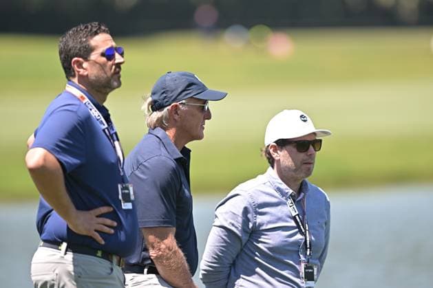 DORAL, FL - APRIL 06 Former Professional Golfer and CEO of LIV Golf, Greg Norman, center is seen during LIV Golf Miami on April 6, 2024, at Trump National Doral Miami in Doral, FL. (Photo by Michele Eve Sandberg Icon Sportswire) GOLF: APR 06 LIV Golf League Miami EDITORIAL USE ONLY Icon240406352