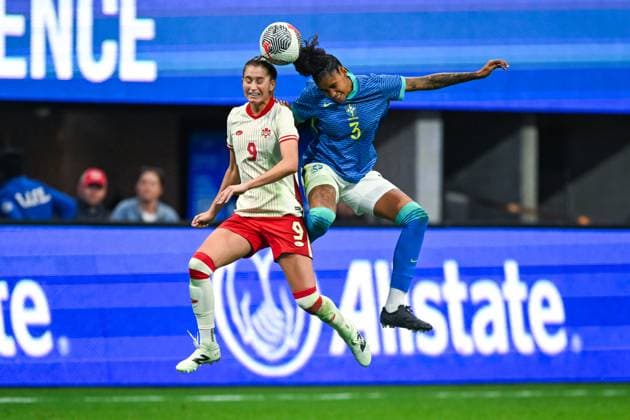 ATLANTA, GA Ã APRIL 06: Canada forward Jordyn Huitema (9) and Brazil defender Tarciane (3) battle for a header during the SheBelieves Cup match between Brazil and Canada on April 06, 2024 at Mercedes-Benz Stadium in Atlanta, GA. (Photo by Rich von Biberstein Icon Sportswire) SOCCER: APR 06 Women s SheBelieves Cup - Brazil vs Canada EDITORIAL USE ONLY Icon240405021
