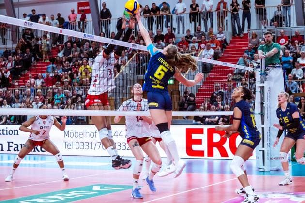VBL Volleyball Bundesliga SC Potsdam SSC Palmberg Schwerin PlayOff semi-final, 06 04 2024 VBL Volleyball Bundesliga SC Potsdam SSC Palmberg Schwerin 06 04 2024 Copyright: xBEAUTIFULxSPORTS NicolxMarschallx