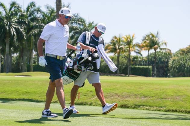 April 6, 2024, Doral, Florida, USA: Phil Mickelson of HyFlyers (L) and caddie Jon Yarbrough walk off the 2nd tee during the second round of LIV Golf Miami at Trump National Doral. Doral USA - ZUMAw109 20240406_fap_w109_047 Copyright: xDebbyxWongx