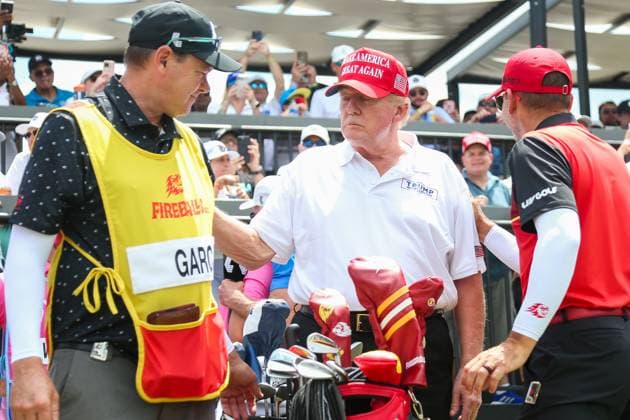 April 7, 2024, Doral, Florida, USA: (L-R) Caddie Glen Murray, former president Donald Trump, and Sergio Garcia at the first tee before the final round of LIV Golf Miami at Trump National Doral. Doral USA - ZUMAw109 20240407_fap_w109_013 Copyright: xDebbyxWongx