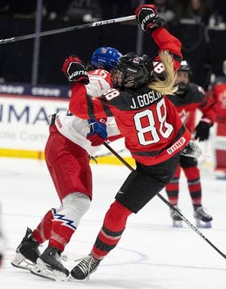 April 7, 2024, Utica, Ny, UNITED STATES: Canada s Julia Gosling (88) is checked by Czechia s Andrea Trnkova (15) during second period hockey action at the IIHF Women s World Hockey Championship in Utica, N.Y., Sunday, April 7, 2024. Canada News - April 7, 2024  - ZUMAc35_ 20240407_zaf_c35_033 Copyright: xChristinnexMuschix