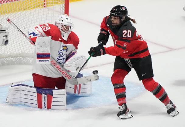 April 7, 2024, Utica, Ny, UNITED STATES: Czechia goaltender Klara Peslarova (29) stops a shot by Canada s Sarah Nurse (20) during third period hockey action at the IIHF Women s World Hockey Championship in Utica, N.Y., Sunday, April 7, 2024. Canada News - April 7, 2024  - ZUMAc35_ 20240407_zaf_c35_040 Copyright: xChristinnexMuschix