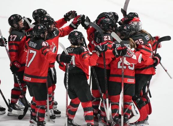 April 7, 2024, Utica, Ny, UNITED STATES: Canada s celebrates its shutout win over Czechia following third period hockey action at the IIHF Women s World Hockey Championship in Utica, N.Y., Sunday, April 7, 2024. Canada News - April 7, 2024  - ZUMAc35_ 20240407_zaf_c35_050 Copyright: xChristinnexMuschix