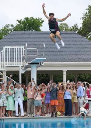 HOUSTON, TX - APRIL 07: Ben Shelton (USA) jumps in the pool after winning the trophy during the singles final match of the US Clay Court Championships on April 7, 2024 at River Oaks Country Club in Houston, Texas. (Photo by Leslie Plaza Johnson Icon Sportswire) TENNIS: APR 07 US Clay Court Championships EDITORIAL USE ONLY Icon240407043
