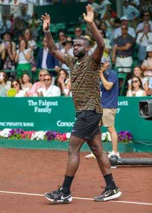 HOUSTON, TX - APRIL 07: Frances Tiafoe (USA) waves to fans after winning second place during the singles final match of the US Clay Court Championships on April 7, 2024 at River Oaks Country Club in Houston, Texas. (Photo by Leslie Plaza Johnson Icon Sportswire) TENNIS: APR 07 US Clay Court Championships EDITORIAL USE ONLY Icon240407064