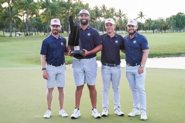 April 7, 2024, Doral, Florida, USA: (L-R) Kieran Vincent, Jon Rahm, Caleb Surratt and Tyrrell Hatton of Legion XIII pose with the trophy after winning the team event after the final round of LIV Golf Miami at Trump National Doral. Doral USA - ZUMAw109 20240407_fap_w109_020 Copyright: xDebbyxWongx