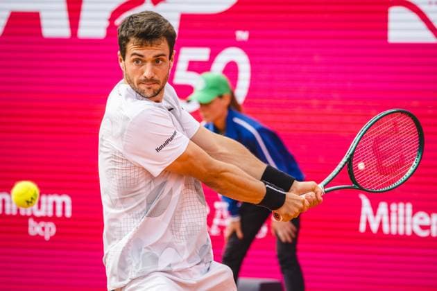 April 7, 2024, Estoril, Portugal: Pedro Martinez from Spain plays against Hubert Hurkacz from Poland (not pictured) during the Millennium Estoril Open ATP, Tennis Herren 250 tennis tournament 2024 at Clube de Tenis do Estoril. (Final Score: Pedro Martinez (3 - 6 : 4 - 6) (0 - 2) Hubert Hurkacz) Estoril Portugal - ZUMAs197 20240407_aaa_s197_224 Copyright: xHenriquexCasinhasx