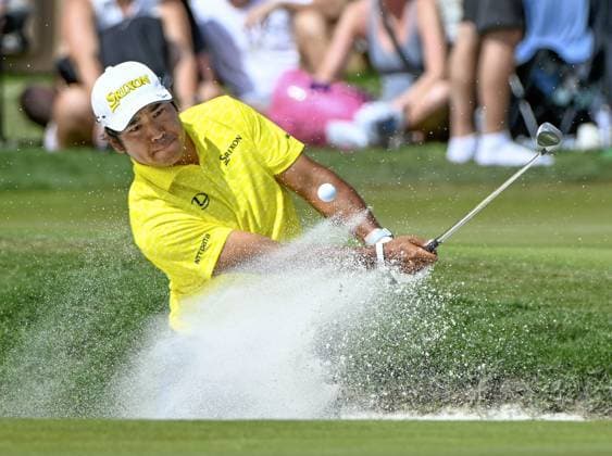 Golf: Texas Open tournament Hideki Matsuyama of Japan hits out of a bunker on the 16th on the sixth hole during the final round of the Texas Open golf tournament on April 7, 2024, at TPC San Antonio in San Antonio, Texas.  A14AA0002680191P