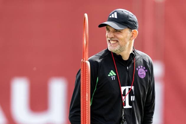 Head coach Thomas Tuchel FC Bayern Muenchen laughs, final training before the UEFA Champions League match against FC Arsenal, season 2023 2024 at Saebener Strasse 08 04 2024 DFB regulations prohibit any use of photographs as image sequences and or quasi video Muenchen Bayern Germany Copyright: xkolbert-press UlrichxGamelx