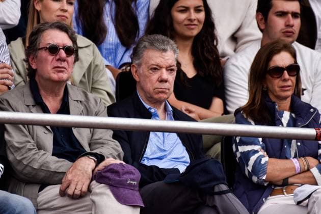 April 7, 2024, Bogota, Cundinamarca, Colombia: Colombia s former president Juan Manuel Santos during the WTA, Tennis Damen 250 - Colsanitas final between Camila Osorio and Marie Bouzkova on April 7, 2024. Bogota Colombia - ZUMAvp1_ 0443909703st Copyright: xCristianxBayonax