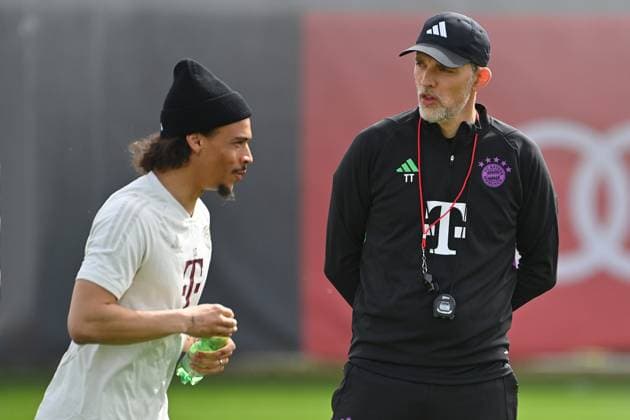 Coach Thomas TUCHEL Bayern Muenchen , Leroy SANE Bayern Muenchen , final training before the Champions League quarterfinal FC Arsenal FC Bayern Muenchen on 08 04 2024 at the training ground at Saebener Strasse in Munich Â