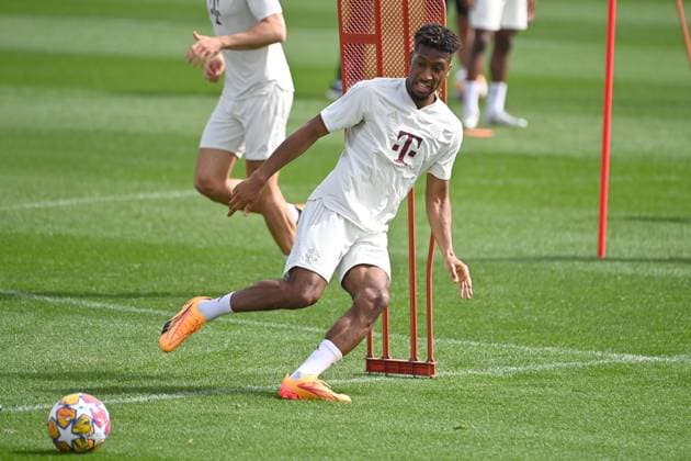 Kingsley COMAN Bayern Muenchen on the ball, action final training before the football Champions League quarterfinal FC Arsenal FC Bayern Muenchen on 08 04 2024 at the training ground at Saebener Strasse in Munich Â