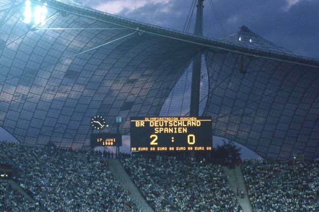 Final score 2 0 on the scoreboard, general, feature, border motif, symbol photo Germany GER Spain ESP 2 0 Soccer EURO 1988 in Germany, 17 06 1988 in the Munich Olympic Stadium Â