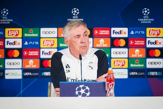 Uefa Champions League 2024: Real Madrid press conference, PK, Pressekonferenz match against Manchester City Carlo Ancelotti, coach of Real Madrid seen speaking during the press conference of Real Madrid the day before the quarter-final first leg football match of Champions League against Manchester City at Ciudad Real Madrid in Valdebebas, Madrid. Valdebebas Ciudad Real Madrid Madrid Spain Copyright: xAlbertoxGardinx AGardin_20240408_RealMadrid_ManCity_PC_22