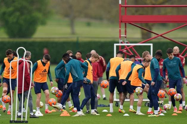Arsenal Media Activities The Arsenal players during the Arsenal team training session ahead of the UEFA Champions League Quarter-Final 1st leg football match against Bayern Munich at Arsenal FC Training Centre, London Colney, England, United Kingdom on 8 April 2024 Editorial use only. All images are copyright Every Second Media Limited. No images may be reproduced without prior permission. Copyright: xIMAGO EveryxSecondxMediax ESM-0979-0035