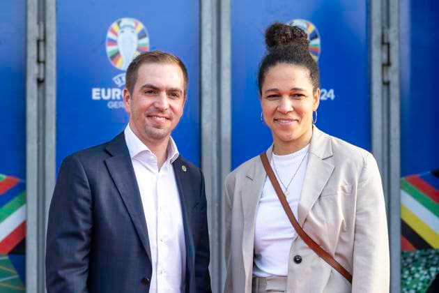 European Football Championship Workshop, European Championship, Meeting of the national coaches on 08 04 2024 in the Staendehaus in Duesseldorf Philipp Lahm Head of the Organizing Committee and Celia Sasic DFB Integration Ambassador in front of the building Photo Kirchner Media TH Copyright: xKirchner-Media THx