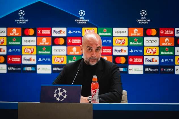 Uefa Champions League 2024: Manchester City press conference, PK, Pressekonferenz match against Real Madrid Pep Guardiola, coach of Manchester City, seen speaking during the press conference a day before the quarter-final first leg football match of Champions League against Real Madrid at Santiago Bernabeu stadium in Madrid. Madrid Estadio Santiago Bernabeu Madrid Spain Copyright: xAlbertoxGardinx AGardin_20240408_ManCity_PC_1