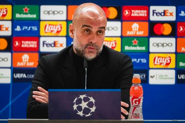 Uefa Champions League 2024: Manchester City press conference, PK, Pressekonferenz match against Real Madrid Pep Guardiola, coach of Manchester City, seen speaking during the press conference a day before the quarter-final first leg football match of Champions League against Real Madrid at Santiago Bernabeu stadium in Madrid. Madrid Estadio Santiago Bernabeu Madrid Spain Copyright: xAlbertoxGardinx AGardin_20240408_ManCity_PC_3