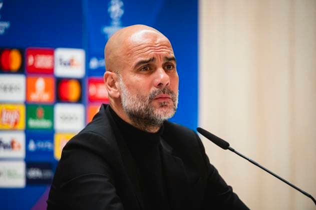 Uefa Champions League 2024: Manchester City press conference, PK, Pressekonferenz match against Real Madrid Pep Guardiola, coach of Manchester City, seen speaking during the press conference a day before the quarter-final first leg football match of Champions League against Real Madrid at Santiago Bernabeu stadium in Madrid. Madrid Estadio Santiago Bernabeu Madrid Spain Copyright: xAlbertoxGardinx AGardin_20240408_ManCity_PC_12
