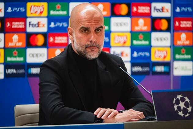 Uefa Champions League 2024: Manchester City press conference, PK, Pressekonferenz match against Real Madrid Pep Guardiola, coach of Manchester City, seen speaking during the press conference a day before the quarter-final first leg football match of Champions League against Real Madrid at Santiago Bernabeu stadium in Madrid. Madrid Estadio Santiago Bernabeu Madrid Spain Copyright: xAlbertoxGardinx AGardin_20240408_ManCity_PC_5