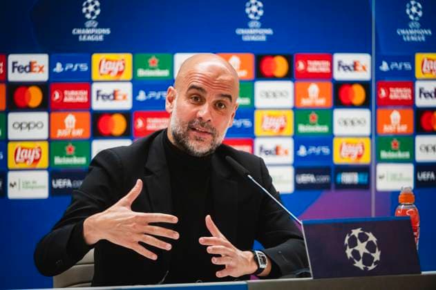 Uefa Champions League 2024: Manchester City press conference, PK, Pressekonferenz match against Real Madrid Pep Guardiola, coach of Manchester City, seen speaking during the press conference a day before the quarter-final first leg football match of Champions League against Real Madrid at Santiago Bernabeu stadium in Madrid. Madrid Estadio Santiago Bernabeu Madrid Spain Copyright: xAlbertoxGardinx AGardin_20240408_ManCity_PC_7