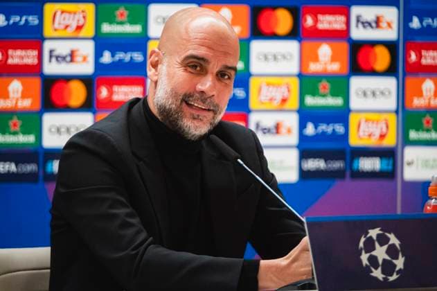 Uefa Champions League 2024: Manchester City press conference, PK, Pressekonferenz match against Real Madrid Pep Guardiola, coach of Manchester City, seen speaking during the press conference a day before the quarter-final first leg football match of Champions League against Real Madrid at Santiago Bernabeu stadium in Madrid. Madrid Estadio Santiago Bernabeu Madrid Spain Copyright: xAlbertoxGardinx AGardin_20240408_ManCity_PC_9