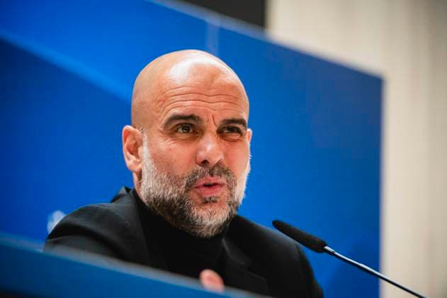 Uefa Champions League 2024: Manchester City press conference, PK, Pressekonferenz match against Real Madrid Pep Guardiola, coach of Manchester City, seen speaking during the press conference a day before the quarter-final first leg football match of Champions League against Real Madrid at Santiago Bernabeu stadium in Madrid. Madrid Estadio Santiago Bernabeu Madrid Spain Copyright: xAlbertoxGardinx AGardin_20240408_ManCity_PC_18