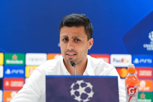 April 8, 2024, Madrid, Madrid, SPAIN: Rodri Hernandez of Manchester City attends his press conference, PK, Pressekonferenz before the UEFA Champions League, Quarter finals, football match against Real Madrid at Santiago Bernabeu stadium on April 8, 2024, in Madrid, Spain. Madrid SPAIN - ZUMAa181 20240408_zaa_a181_077 Copyright: xOscarxJ.xBarrosox