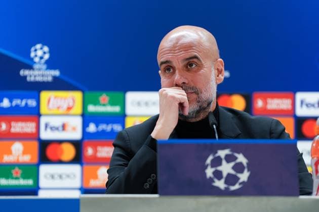 April 8, 2024, Madrid, Madrid, SPAIN: Pep Guardiola, head coach of Manchester City, attends his press conference, PK, Pressekonferenz before the UEFA Champions League, Quarter finals, football match against Real Madrid at Santiago Bernabeu stadium on April 8, 2024, in Madrid, Spain. Madrid SPAIN - ZUMAa181 20240408_zaa_a181_088 Copyright: xOscarxJ.xBarrosox