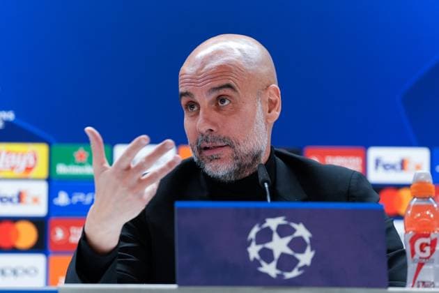 April 8, 2024, Madrid, Madrid, SPAIN: Pep Guardiola, head coach of Manchester City, attends his press conference, PK, Pressekonferenz before the UEFA Champions League, Quarter finals, football match against Real Madrid at Santiago Bernabeu stadium on April 8, 2024, in Madrid, Spain. Madrid SPAIN - ZUMAa181 20240408_zaa_a181_099 Copyright: xOscarxJ.xBarrosox