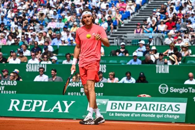 Rolex Monte Carlo Masters Day Three MONTE CARLO, MONACO APRIL 8 Stefanos Tsitsipas of Greece in action against Laslo Djere of Serbia during day three of the Rolex Monte Carlo Masters at Monte Carlo Country Club on April 8, 2024 in Monte Carlo, Monaco Photo by Andy Astfalck Copyright: xBEAUTIFULxSPORTS Astfalckx