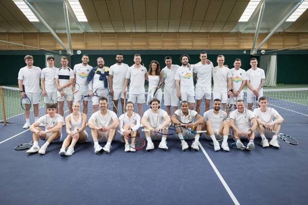 AFC Wimbledon Wimbledon Tennis Training Session AFC Wimbledon players and coaching staff, Annabelle Croft, AELTC Head Coach Dan Bloxham, Yuriko Lily Miyazaki, during an AFC Wimbledon team visit to The All England Lawn Tennis and Croquet Club, Wimbledon, United Kingdom on 8 April 2024. Editorial use only , Copyright: xIanxStephenx PSI-19409-0006
