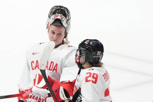 April 8, 2024, Utica, Ny, UNITED STATES: Canada goaltender Ann-Renee Desbiens (35) and Marie-Philip Poulin (29) following their loss to United States in overtime hockey action at the IIHF Women s World Hockey Championship in Utica, N.Y., Monday, April 8, 2024. Canada News - April 8, 2024  - ZUMAc35_ 20240408_zaf_c35_307 Copyright: xChristinnexMuschix