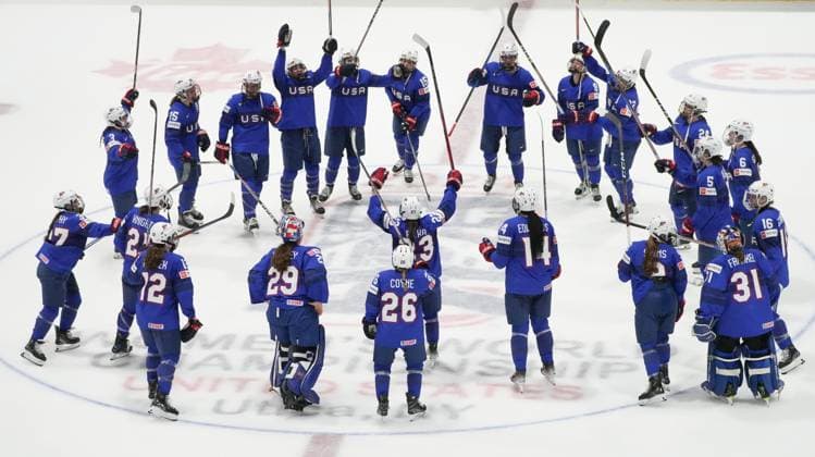 April 8, 2024, Utica, Ny, UNITED STATES: United States celebrates their win over Canada following overtime hockey action at the IIHF Women s World Hockey Championship in Utica, N.Y., Monday, April 8, 2024. Canada News - April 8, 2024  - ZUMAc35_ 20240408_zaf_c35_310 Copyright: xChristinnexMuschix