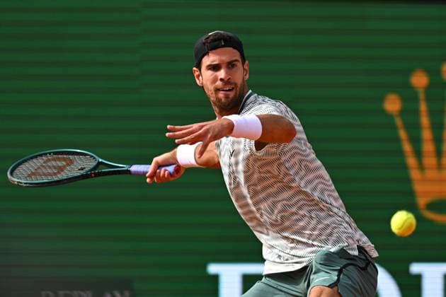 Monaco Rolex Masters Karen Khachanov (RUS) during his first round match at the Monaco Rolex Masters in Monte Carlo, on April, 8, 2024. Photo by Corinne Dubreuil ABACAPRESS.COM Monaco Monaco  Copyright: xDubreuilxCorinne ABACAx