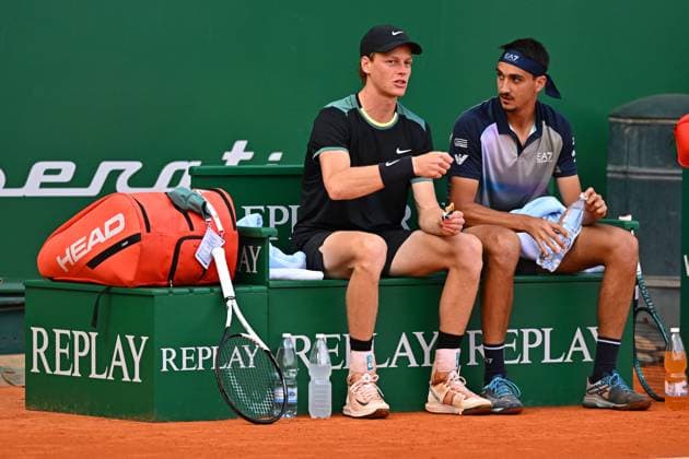 Monaco Rolex Masters Jannik Sinner (ITA) with Lorenzo Sonego (ITA) during their first double round match at the Monaco Rolex Masters in Monte Carlo, on April, 8, 2024. Photo by Corinne Dubreuil ABACAPRESS.COM Monaco Monaco  Copyright: xDubreuilxCorinne ABACAx