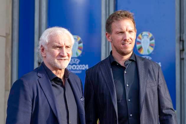 European Football Championship Workshop, European Championship, Meeting of the national coaches on 08 04 2024 at the Staendehaus in Duesseldorf Rudie Voeller DFB, Sports Director and Julian Nagelsmann Germany, national coach in front of the entrance Photo Kirchner Media TH Copyright: xKirchner-Media THx