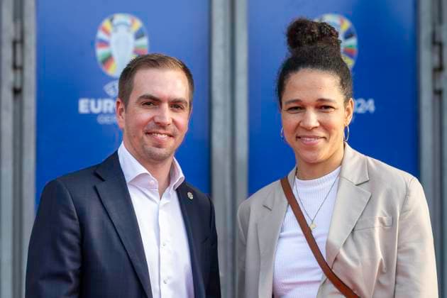 European Football Championship Workshop, European Championship, Meeting of the national coaches on 08 04 2024 in the Staendehaus in Duesseldorf Philipp Lahm Head of the Organizing Committee and Celia Sasic DFB Integration Ambassador in front of the building Photo Kirchner Media TH Copyright: xKirchner-Media THx