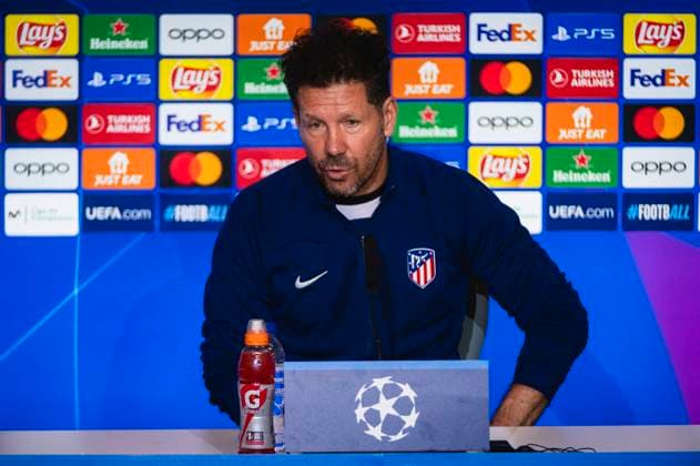 Uefa Champions League 2024: Atletico Madrid press conference, PK, Pressekonferenz match against Borussia Dortmund Diego Pablo Simeone, head coach of Atletico Madrid, speaks during the press conference a day before the quarter-final first leg football match of Champions League against Borussia Dortmund at Civitas Metropolitano stadium in Madrid. Madrid Estadio Civitas Metropolitano Madrid Spain Copyright: xAlbertoxGardinx AGardin_20240409_football_Champions_League_Atletico_Madrid_training_PC_11