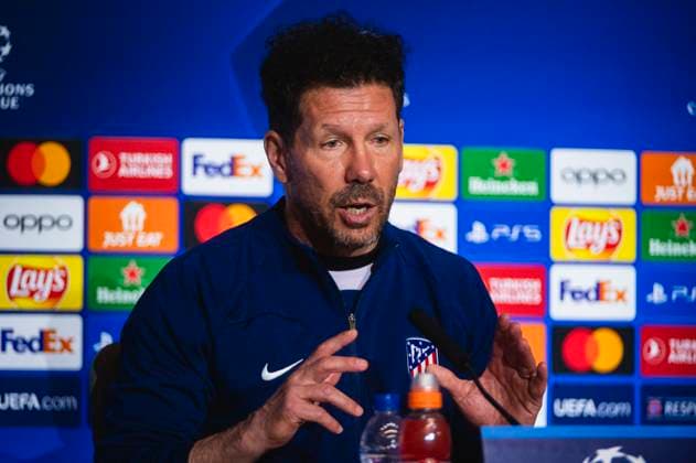 Uefa Champions League 2024: Atletico Madrid press conference, PK, Pressekonferenz match against Borussia Dortmund Diego Pablo Simeone, head coach of Atletico Madrid, speaks during the press conference a day before the quarter-final first leg football match of Champions League against Borussia Dortmund at Civitas Metropolitano stadium in Madrid. Madrid Estadio Civitas Metropolitano Madrid Spain Copyright: xAlbertoxGardinx AGardin_20240409_football_Champions_League_Atletico_Madrid_training_PC_13