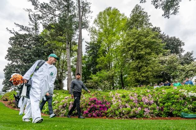 240409 Tiger Woods of the United States with his caddie Lance Bennett during a practice round prior to the 2024 Masters Golf Tournament on April 9, 2024 in Augusta Photo Petter Arvidson BILDBYRAN kod PA PA0790 bbeng golf masters the masters Augusta us masters  Copyright: PETTERxARVIDSON BB240409PA020