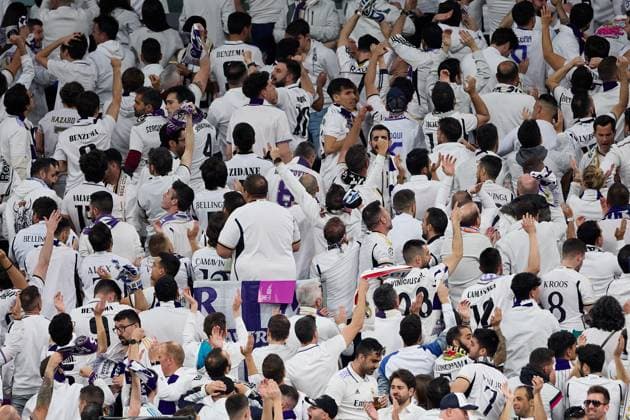 Fans of Real Madrid CF during the UEFA Champions League 2023 24 quarter-finals match between Real Madrid CF and Manchester City at Estadio Santiago Bernabeu on April 09, 2024 in Madrid, Spain. FOOTBALL : Real Madrid vs Manchester City - UEFA Ligue des Champions - 1 4 Quart - 09 04 2024 LGM Panoramic 