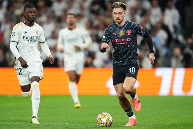Jack Grealish of Manchester City Real Madrid and Manchester City. UEFA Champions League match. Quarter-finals, first leg. Football, Santiago Bernabeu Stadium, Madrid, Spain - 9 April 2024 Editorial use only  Copyright: xBaguxBlanco PRESSINPHOTO Shutterstockx 14427173e