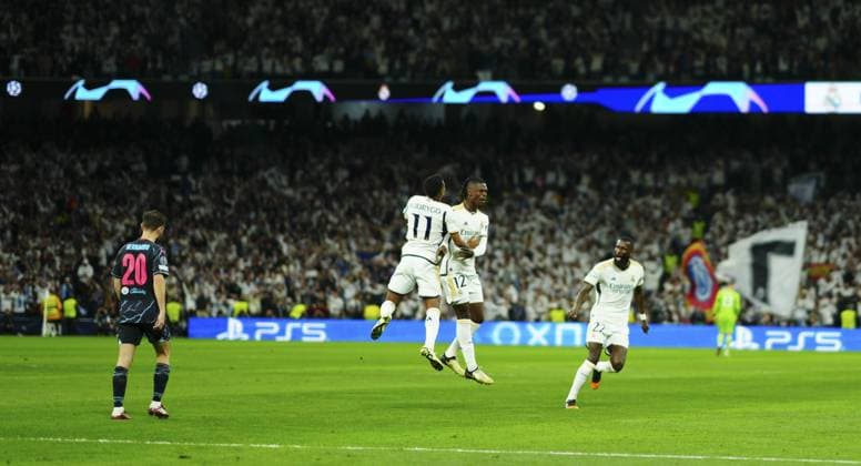 Eduardo Camavinga of Real Madrid celebrates scoring a goal after making it 1-1 Real Madrid v Manchester City, UEFA Champions League, Quarter Final, First Leg, Football, Santiago Bernabeu Stadium, Madrid, Spain - 09 Apr 2024 EDITORIAL USE ONLY No use with unauthorised audio, video, data, fixture lists, club league logos or live services. Online in-match use limited to 120 images, no video emulation. No use in betting, games or single club league player publications. Copyright: xJavierxGarcia Shutterstockx 14424044o