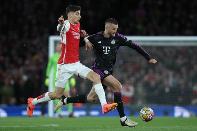 Arsenal FC v FC Bayern München: Quarter-final First Leg - UEFA Champions League 2023 24 Kai Havertz of Arsenal and Eric Dier of Bayern Munich challenge during the UEFA Champions League quarter-final first leg match between Arsenal FC and FC Bayern München at Emirates Stadium on April 9, 2024 in London, England. London Emirates Stadium England United Kingdom Copyright: xEdxSykes Sportsphoto APLx 13971559