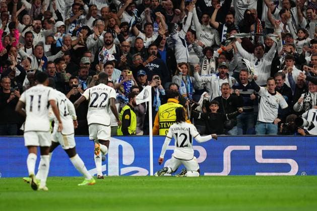 Eduardo Camavinga of Real Madrid celebrates the 1-1 Real Madrid and Manchester City. UEFA Champions League match. Quarter-finals, first leg. Football, Santiago Bernabeu Stadium, Madrid, Spain - 9 April 2024 Editorial use only  Copyright: xBaguxBlanco PRESSINPHOTO Shutterstockx 14427173i